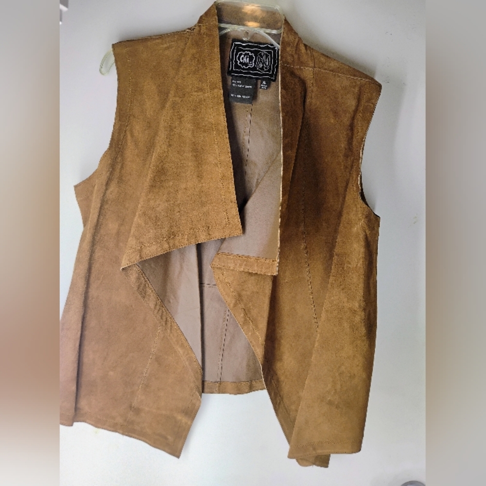 Brown Suede Vest with Classic Waterfall Front Collar